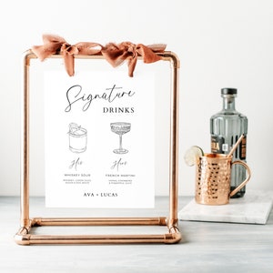 Modèle de plaque de cocktail signature pour elle et lui, signalisation de menu de bar moderne pour réception de mariage ou fête de fiançailles, enseigne de boissons imprimable simple