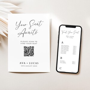 May include: A white card with black text that reads 'Your Seat Awaits' and a black and white QR code. Below the QR code is the text 'AVA + LUCAS' and '15TH AUGUST 20XX'. A black and white smartphone screen is next to the card. The screen displays a seating chart with the text 'Find Your Seat' and 'AVA + LUCAS' at the top. The seating chart is divided into three sections labeled 'A', 'B', and 'C'. Each section lists names and table numbers.