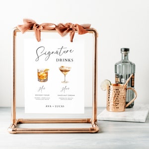 His and Hers Signature Drink Sign Template, Cocktailmenü Beschilderung für Hochzeitsfeier oder Verlobungsfeier anpassbare Aquarellbilder