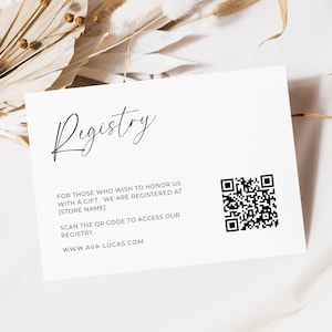 Hochzeits-Registratur QR-Code fügen Kartenvorlage, moderne minimalistische Hochzeitseinladung Registrier-Beilage Notiz mit QR-Code bei