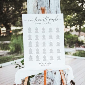 Puede incluir: Un plano de asientos blanco sobre un caballete de madera, con el texto "our favorite people PLEASE TAKE A SEAT". El gráfico enumera nombres bajo los números 1-25. Los nombres Grace & Josh y la fecha 01-11-20XX están en la parte inferior.