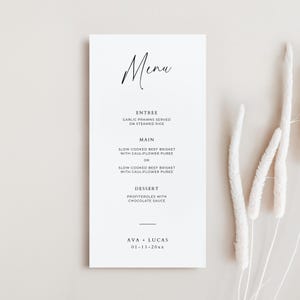 Moderne menukaartsjabloon, eenvoudig minimalistisch driegangendinermenu, elegant aanpasbaar menu voor huwelijksreceptie of repetitiediner