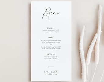 Puede incluir: Una tarjeta de menú blanca minimalista con la palabra "Menu" en escritura elegante en la parte superior. El menú enumera las opciones de entrantes, plato principal y postre, incluyendo gambas al ajillo, brisket de ternera y profiteroles. Los nombres "Ava + Lucas" y una fecha están en la parte inferior.