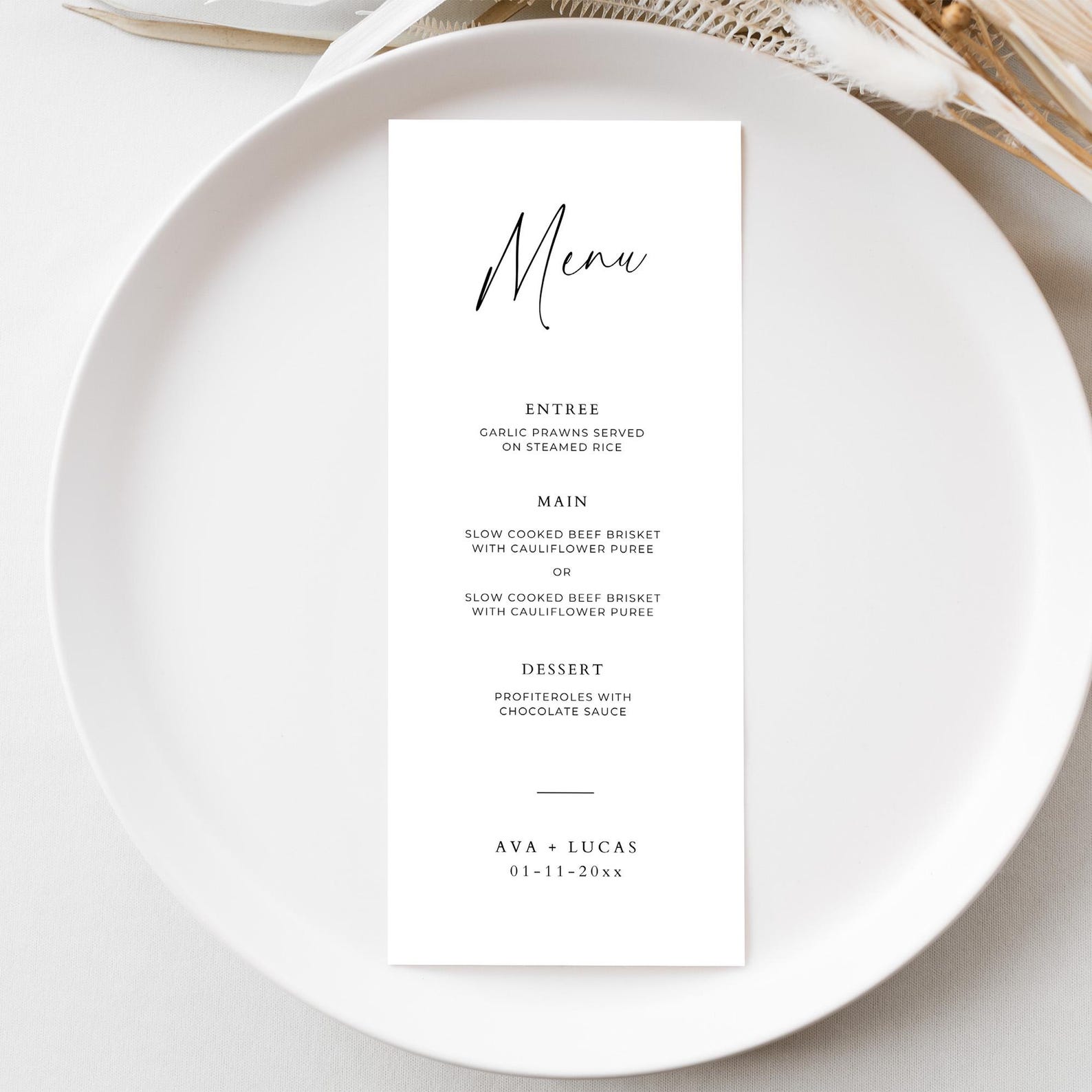 Modern Menu Card Template, Simple Minimalist Three Course Dinner Menu ...