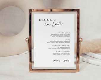 Drunk In Love Bar Sign, Wedding Bar Menu, Wedding Reception Drinks Signage, Editable Template, Digital Download, Minimalist