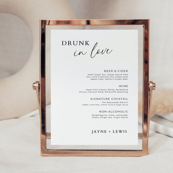 Drunk In Love Bar Sign, Wedding Bar Menu, Wedding Reception Drinks Signage, Editable Template, Digital Download, Minimalist