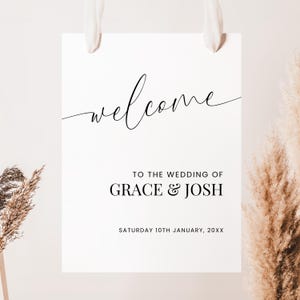 Modèle de plaque de bienvenue de mariage, inscription élégante bienvenue au mariage de la signalisation, panneau d'affiche personnalisable imprimable personnalisable moderne minimaliste
