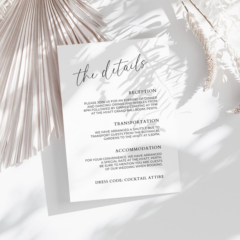 Wedding Details Card Insert, Printable Wedding Invitation Enclosure Portrait, Editable Template, Instant Download, Minimal image 7