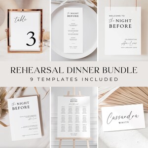 Op de afbeelding: Een set printbare sjablonen voor een repetitiediner, met een welkomstbord, tafelnummers, een menu, een zitplaatskaart en een plaatskaart. De sjablonen zijn ontworpen in een minimalistische stijl met zwarte tekst op een witte achtergrond.