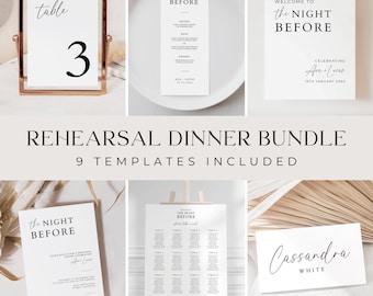 Rehearsal Dinner Invitation and Decor Template Bundle, The Night Before Set with Welcome Sign, Invite, Menu, Place Cards, Seating Charts