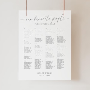 Onze favoriete mensen Bruiloft Stoelindeling Bord Alfabetisch Sjabloon, Minimale Elegante Bruiloft Receptie Repetitie Diner Stoel Bord Bewegwijzering