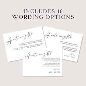 May include: Three different wording options for wedding gift cards. The cards are white with black text and say "A note on gifts". The text on the cards includes the phrases "Your love, laughter, and company on our wedding day is the greatest gift of all." and "If you were thinking of giving a gift to help us on our way".