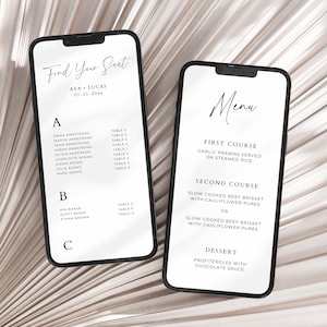 May include: Two black cell phone mockups with white text. The left phone displays a seating chart with the title 'Find Your Seat' and the names of guests and their assigned tables. The right phone displays a wedding menu with the title 'Menu' and the courses: 'First Course', 'Second Course', and 'Dessert'.