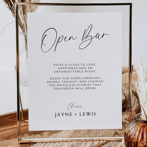 Wedding Open Bar Sign Printable, Wedding Reception Signage, Drinks Are On Us, Editable Template, Digital Download, Minimalist