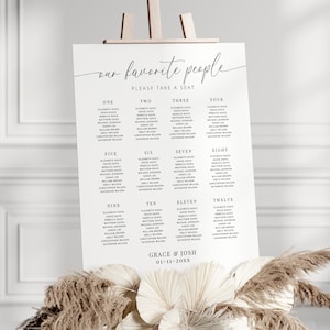 May include: A white wedding seating chart with the title "our favorite people" and the text "Please take a seat". The chart is divided into twelve sections, each with a number and a list of names. The bottom of the chart reads "Grace & Josh 01-11-20XX".