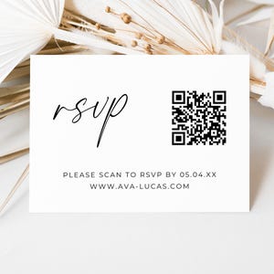Minimalistiskt bröllops-RSVP-instickskort med QR-kod - utskrivbar digital mall