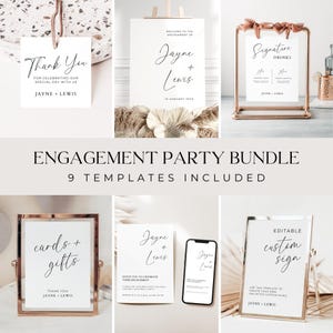 Paquete de plantillas para invitaciones y carteles de fiesta de compromiso, set de decoración "Estamos comprometidos" con menú de bar, bienvenida, tarjetas, letreros de regalo, invitaciones y etiquetas de recuerdo.