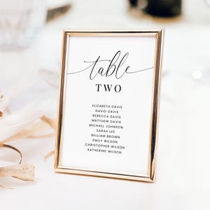Table Number Cards with Names Template, Minimal Printable Table Number Signs for Wedding Reception, Elegant Editable Seating Chart Cards