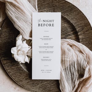 Modèle de Menu pour le dîner la veille de la répétition, carte de menu pour le dîner trois services modifiable minimaliste, menu de mariage imprimable moderne élégant