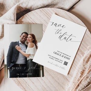 Foto Sparen Sie das Datum mit QR-Code-Vorlage, Elegantes Minimalistisches Sparen Sie unser Datum mit Bild, einfache DIY druckbare Hochzeitspapeterie
