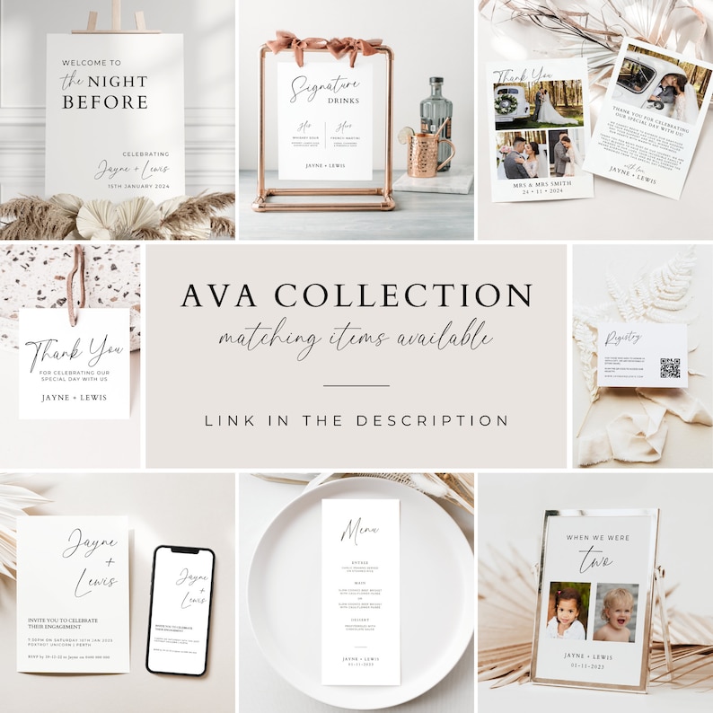 May include: A collection of wedding stationery items with a minimalist design. The items include a welcome sign, a signature drinks sign, a thank you card, a menu, a save the date card, and an engagement announcement card. The items are all white with black text and are decorated with a simple floral design. The text on the items includes the names 'Jayne' and 'Lewis' and the date '15th January 2024'. The items are displayed on a variety of surfaces, including a wooden easel, a copper stand, and a white plate. The background is a light beige color.