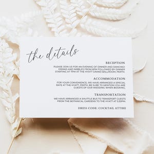 Plantilla de tarjeta de detalles para invitación de boda, horizontal, con información adicional y minimalista, personalizable.