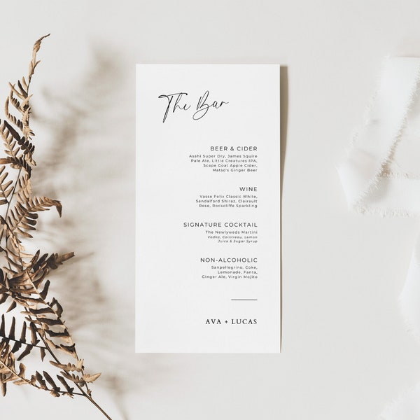 Modern Bar Menu Cards, Elegant Wedding Signature Drinks List, Customizable Beer Wine Cocktail Menu, DIY Beverage List Minimal Template