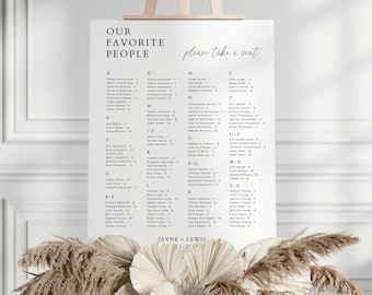 Our Favorite People Seating Chart, Minimal Alphabetical Order Wedding Reception Seating Plan, Editable Template Digital Download