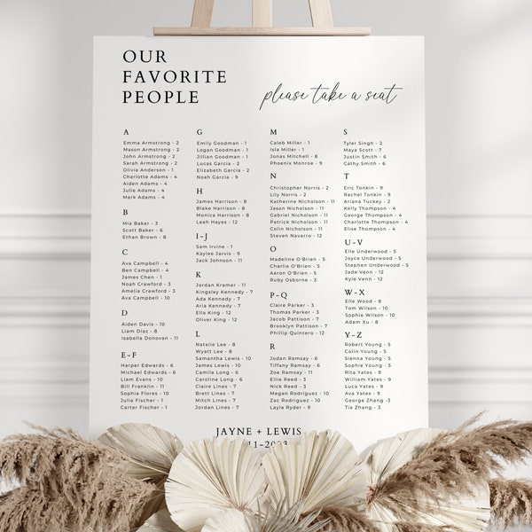 Our Favorite People Seating Chart, Minimal Alphabetical Order Wedding Reception Seating Plan, Editable Template Digital Download