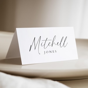 Plantilla de tarjeta de lugar con nombre, tarjetas de lugar de mesa planas o plegables minimalistas modernas, tarjeta de lugar editable sencilla para recepción de boda o cena de ensayo