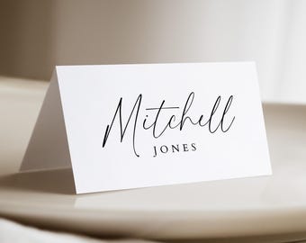 Name Place Card Template, Modern Minimalist Flat or Folded Table Placecards, Simple Wedding Reception or Rehearsal Dinner Editable Placecard