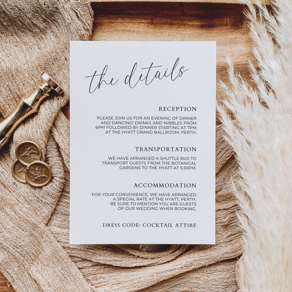 Wedding Details Card Insert, Printable Wedding Invitation Enclosure Portrait, Editable Template, Instant Download, Minimal