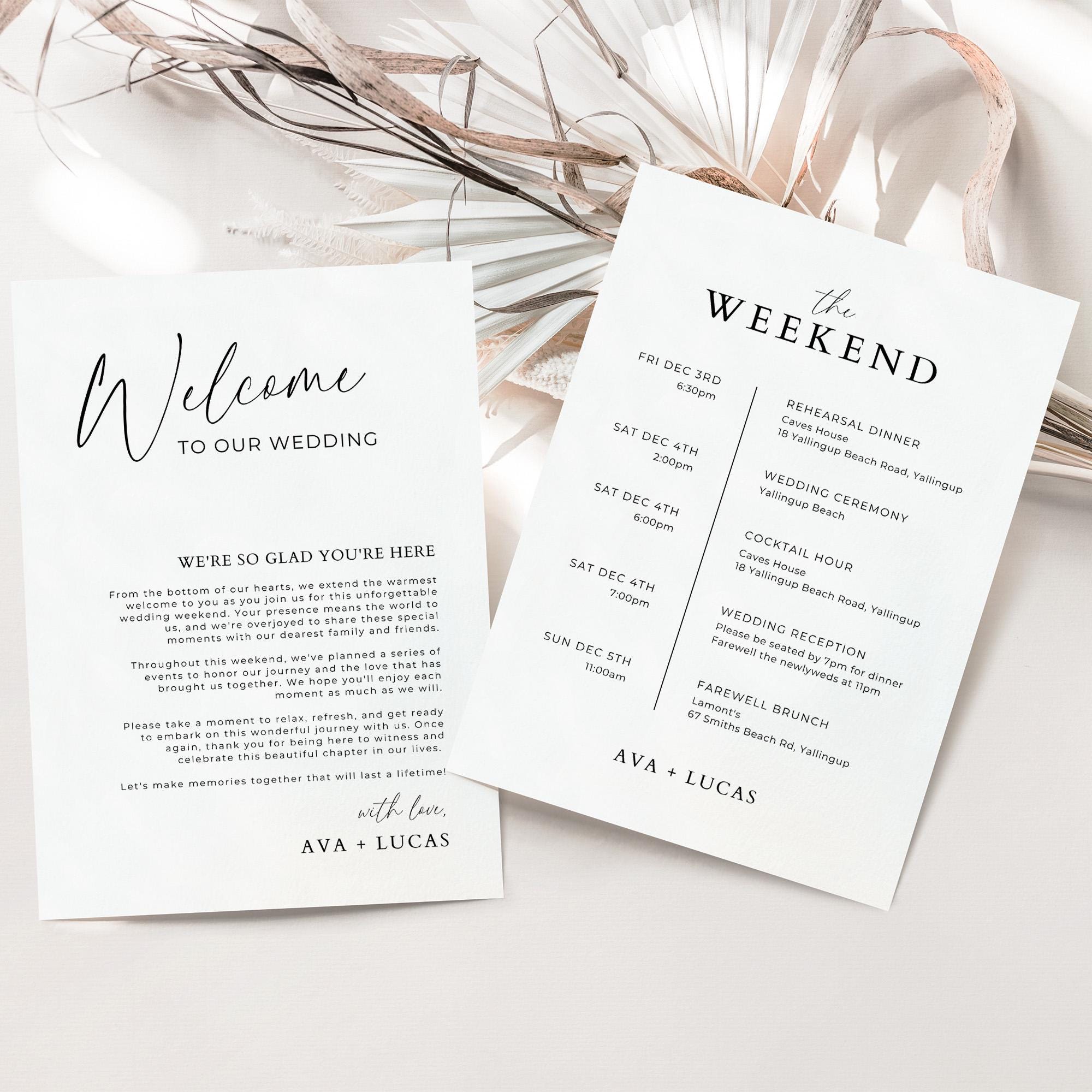 Welcome Bag Thank You Note Template With Wedding Weekend Itinerary ...