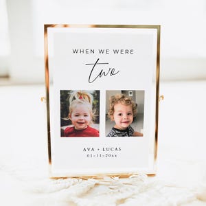 Plantilla para letrero de número de mesa de boda "Cuando teníamos edad", tarjetas modernas con números de mesa con fotos de la edad minimalista, letrero imprimible con imágenes