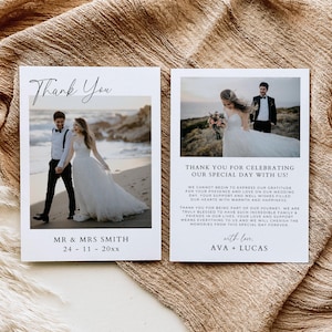 Modèle de carte de remerciement pour mariage avec photos, remerciement recto-verso moderne, remerciement minimaliste pour votre participation, note avec photo de couple