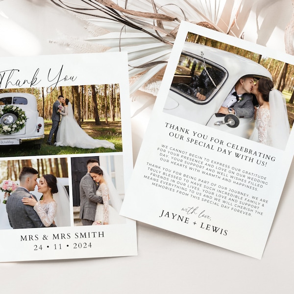 Tarjetas de agradecimiento de fotos de boda, agradecimientos de boda, notas de agradecimiento personalizadas, plantilla editable, descarga digital, bricolaje mínimo,