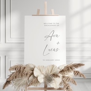 Plantilla minimalista de letrero de bienvenida para fiesta de compromiso, letrero moderno de bienvenida a nuestro compromiso, letrero de póster imprimible y personalizable.