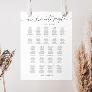May include: A wedding seating chart with the title "our favorite people" and the text "Please take a seat". The chart lists the names of guests assigned to tables numbered one through twenty-two. The chart is signed "Grace & Josh".