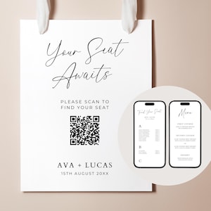 May include: A white sign with black text that reads 'Your Seat Awaits' and 'Please Scan to Find Your Seat'. A black and white QR code is below the text. Below the QR code is the text 'AVA + LUCAS' and '15TH AUGUST 20XX'. Two black and white rectangular cards are to the right of the sign. The top card has the text 'Find Your Seat' and the bottom card has the text 'Menu'. Both cards have a black and white design that resembles a luggage tag.