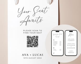 Digital Seating Chart with QR Code Sign and Menu Template, Wedding Alphabetical Table Guest Seating Website, Minimal Find Your Seat Signage