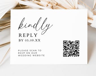 Kindly Reply QR Code Card Template, Modern Digital RSVP Online Invitation Insert, Minimalist Wedding Invite QR Scan Code Response Enclosure