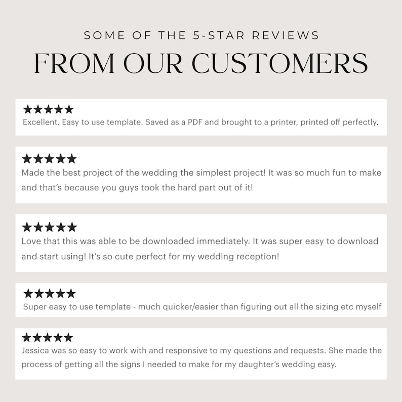 Some of the 5 star reviews from our customers:
"Excellent. Easy to use template. Saved as a PDF and brought to a printer, printed off perfectly".
"Love that this was able to be downloaded immediately. It was super easy to download and start using!"