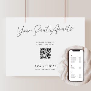 QR-code Sjabloon bord digitale zitplaatsen, alfabetische volgorde Website zitplaatsen bruiloftsgast, minimalistisch horizontaal 'Vind je stoel'-borden