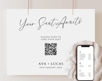 QR Code Digital Seating Chart Sign Template, Alphabetical Order Wedding Guest Seating Website, Minimalist Horizontal Find Your Seat Signage