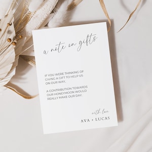 Een notitie over cadeaukaart invoegsjabloon, minimalistische afdrukbare huwelijksuitnodiging Monetaire geschenkbijlage, modern geen geschenken Let op