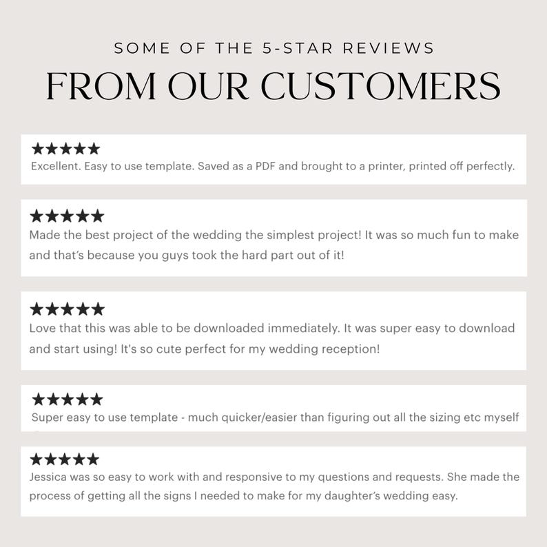 Some of the 5 star reviews from our customers:
"Excellent. Easy to use template. Saved as a PDF and brought to a printer, printed off perfectly".
"Love that this was able to be downloaded immediately. It was super easy to download and start using!"