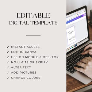 Image text reads:
Editable Digital Template
Instant access
Edit on any device
No limits or expiry
Quick and easy to edit
Alter text
Add pictures
Change colors