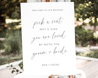 Pick A Seat Not A Side Sign Template, Minimalist Sit Anywhere Open Seating Signage for Wedding Ceremony, Modern Customizable Wedding Signage