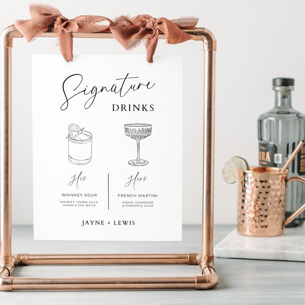 His & Hers Signature Drink Sign Template, Simple Wedding Bar Poster with Cocktail Images, Editable in , Digital Download, Minimal