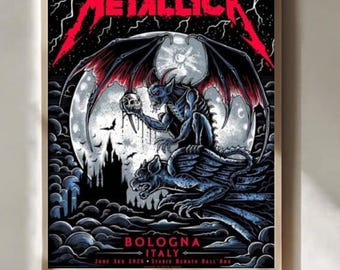 Poster del tour Metallica M72 Bologna 2026, stampa artistica da parete con gargoyle e demone, decorazione per concerti heavy metal